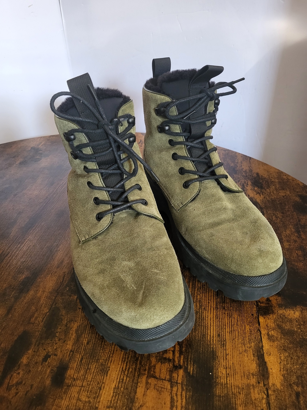 Kenneth Cole Suede Army Green Almond Toe Lace-Up Combat Boots 11.5 Fleece Lined